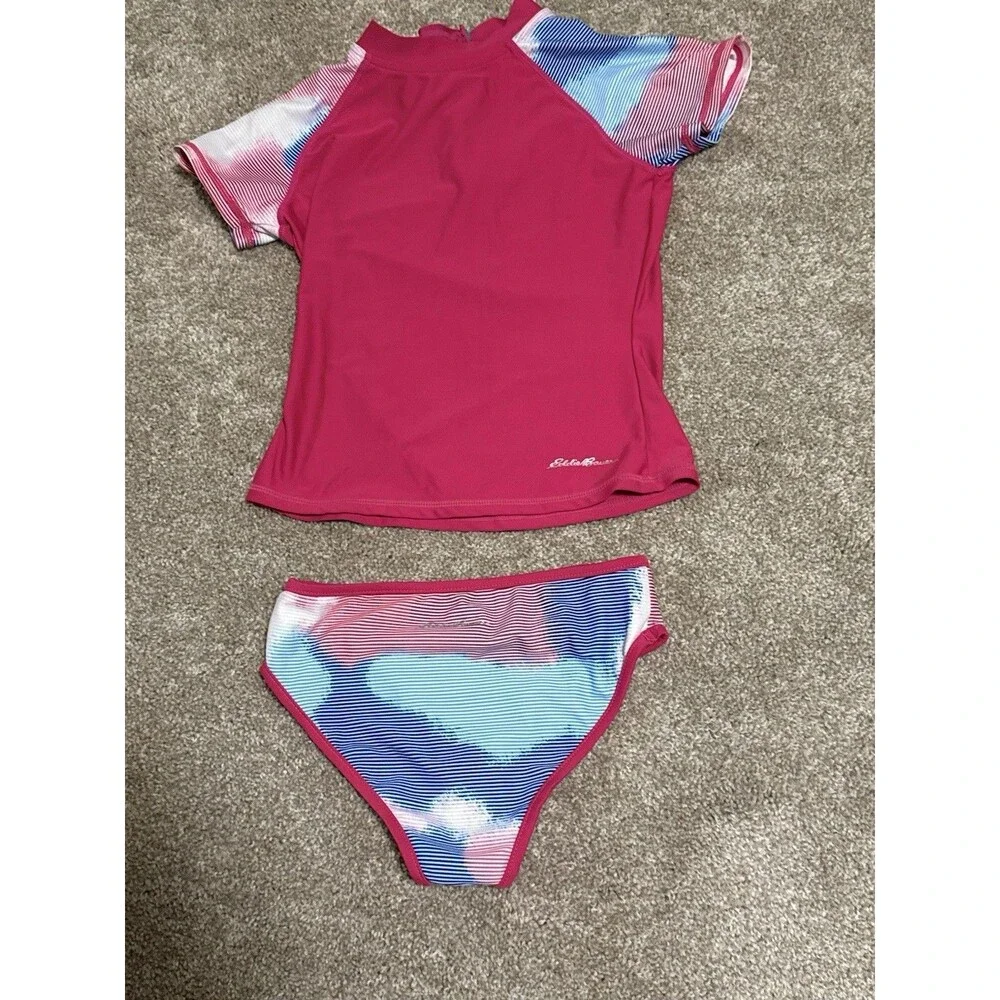 Eddie Bauer Girls Swimsuit Set Short Sleeve Rash Guard Bikini Bottoms   Size 7/8